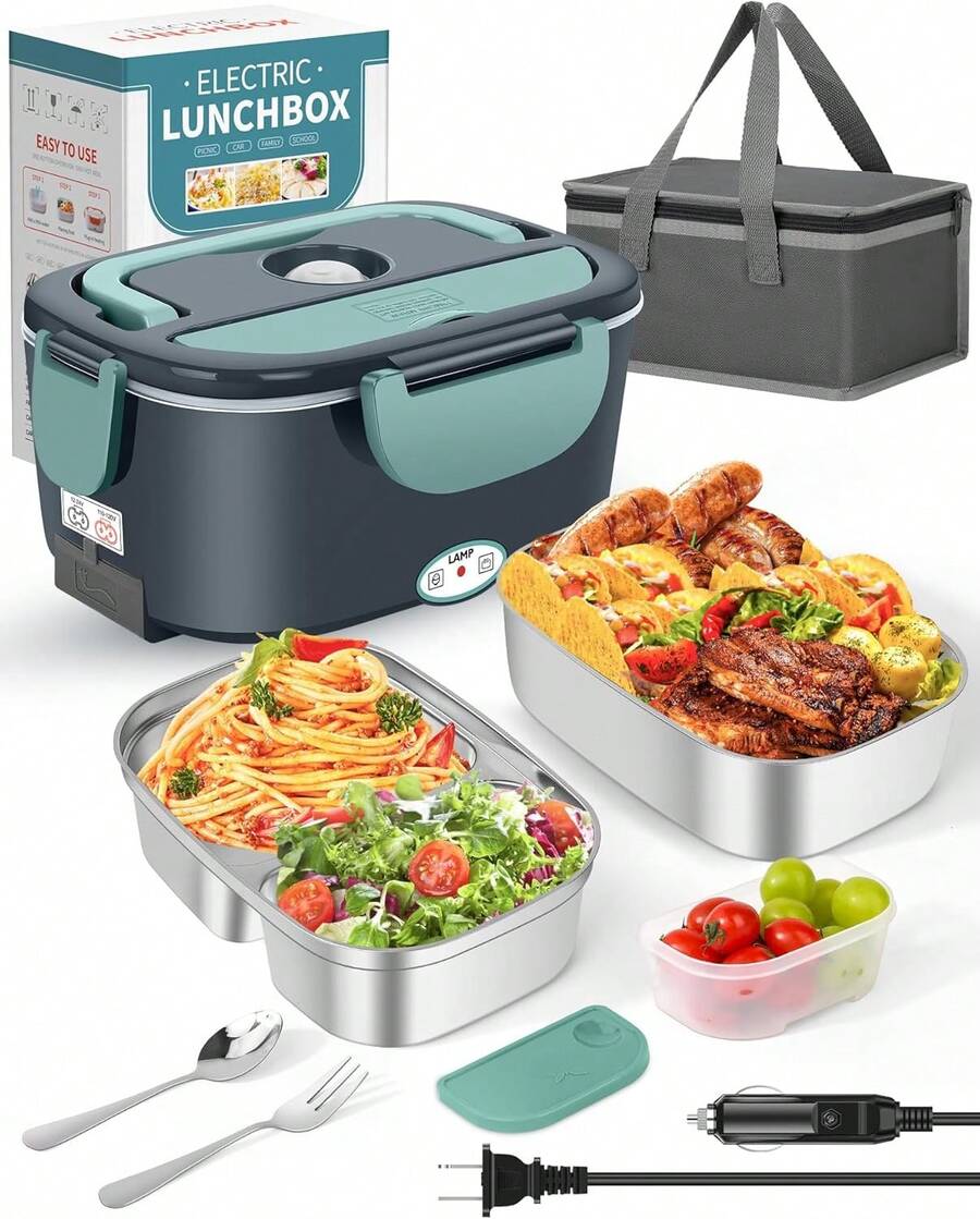 Lonchera Eléctrica - Fiambrera eléctrica de 60 a 80 W para adultos, calentador de alimentos portátil para coche, camión, trabajo, con tenedor y cuchara de acero inoxidable (Gray) - Gris - Ver 1
