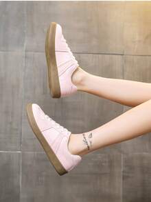 女士新款春秋多功能系带圆头复古休闲鞋，软底软绒面阿甘鞋，休闲拼色平底鞋，学院风休闲运动运动鞋，学生鞋 - 粉色 - 查看 2