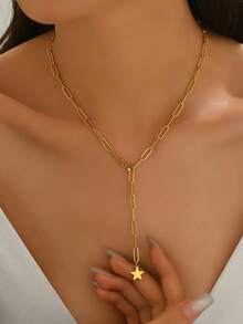 1pc Unique Design Korean Minimalist New Fashionable INS Five-Pointed Star Necklace For Women, Elegant Choker Necklace - Yellow Gold - View 2