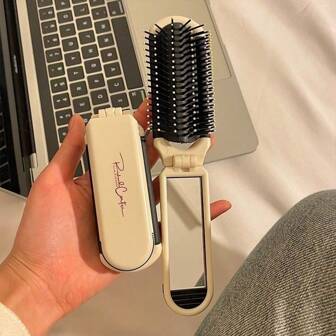 1pc Foldable Comb - Cream Color, Portable With Built-In Mirror, Hair Brush, Comb, Hair Styling Tools, Hair Care Products And Accessories, Salon, Beauty, Travel Essentials