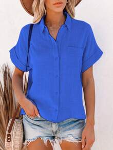 Women's Summer  Linen Tops Short Sleeve Lapel Button Up Solid Color Shirt With One Pocket - Azul - Ver 2