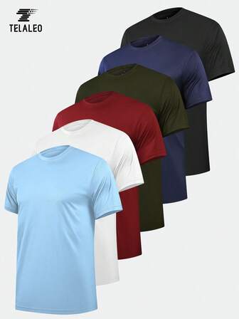 TELALEO 6pcs/Set Solid Color Casual Sports Men's Short Sleeve Crew Neck Fitness T-Shirts Set, Summer Outdoor, Basic Men's Gym Wear