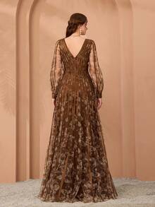 Mgiacy,New Arrival,V-Neck, Long-Sleeved Lantern Sleeves, Printed Mesh, Tie, Big Swing, High-End Evening Dress, For, Black Tie Event Dress