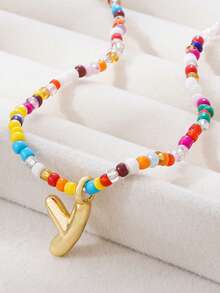 1pc Multicolor Glass Beads Letter Pendant Necklace, Bronze Tone - Multicolor - View 20