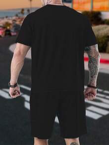 2pcs Plus Size Men Casual Cartoon Character Printed T-Shirt Set, Suitable For All Seasons - Black - View 2