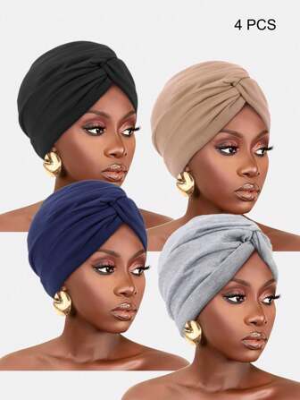 4pcs Women's Cross Twist Solid Color Interior Lining Chemo Cap, Soft Fabric Hat, Headscarf Cap, Suitable For Daily Use