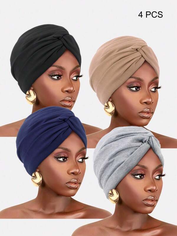 4 Peças Gorra de Quimioterapia para Mulheres com Torção Cruzada em Cor Sólida com Forro Interior, Chapéu de Tecido Macio, Lenço Estilo Gorro, Adequado para Uso Diário