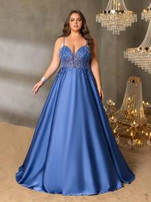 Faeriesty Curve Plus Luxurious Shimmering Bead Satin Prom Dress With Flowy Skirt - Perfect For Weddings, Red Carpet Events, And Luxury Dinners - Dusty Blue - View 3
