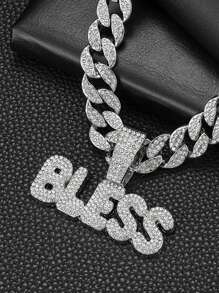 1pc Punk Rock Cuban Link Necklace For Men & Women - Shiny BLESS Pendant With Rhinestone Accents, Golden-Tone Chain, Unisex Hip Hop Jewelry Gift For Birthday, Mother's Day, Father's Day