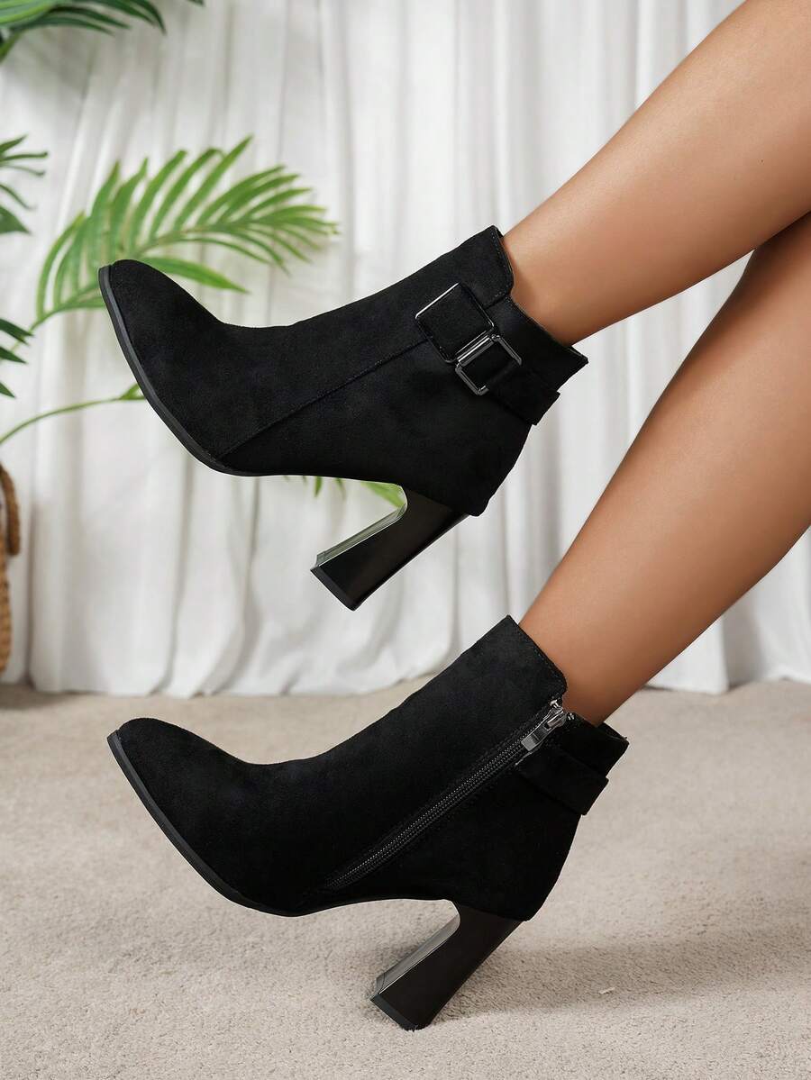Elegant Faux Suede Pointed Toe High Heel Black Ankle Boots & Ankle Boots, Metal Buckle Decor, Block Heel Short Shaft Boots, Suitable For Formal & Casual Occasions All Year Round - Black - View 1