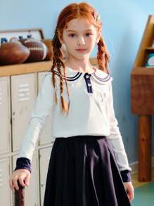 ASK JUNIOR ASK JUNIOR Tween Girls "Relaxed French" Long Sleeve Navy Collar Half-Zip Up T-Shirt Sweater