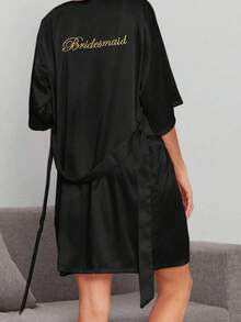 1pc Bridal & Bridesmaid Robe, Letter Graphic Bathrobe, Kimono Robe, Bride Party Prep Wear, Wedding Ceremony & Reception Accessory, Women's Spring/Summer Bridesmaid Sleepwear, Bridal Gown, Embroidered Bachelorette Party Robe, Bride Robe, Wedding Party Supplies, Outdoor Wedding, Holiday Party Essentials - Black Bridesmaids - View 4