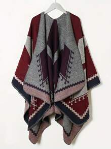1pc Unisex Geometric & Floral Print Front Slit Outerwear, Autumn Season