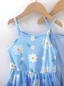 BASUSARRI 2pcs/Set Girls Floral Digital Print Casual Sleeveless Off-Shoulder Summer Dress, Versatile & Vacation Style - Blue - View 4