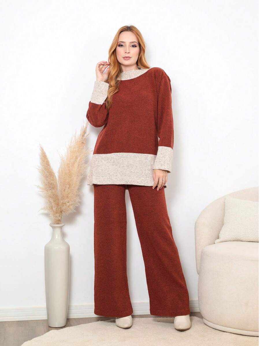 conjunto oversize tricot fio mousse liso com detalhe em listra na barra outono inverno - Telha - Visão 1