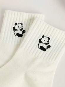 5 Pairs Cute Panda Cartoon Print Women Socks, Minimalist Fashion Comfortable Mid-Calf Socks, Moisture Wicking, Suitable For Daily Matching, All Season Christmas Gift - Black and White - View 2
