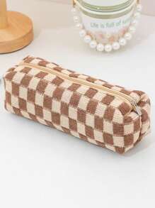 Students' Plush Knitted Checkered Pencil Case, Simple Storage Pouch, Cosmetic Bag, Back To School, School Supplies, Pencil Pouch, School Bag