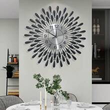 1 件 14 英寸/36 厘米安静铁艺花卉设计水钻装饰挂钟，简约风格电池供电铁艺奢华黑色挂钟，适用于客厅、卧室、入口、学校、办公室、乔迁礼物生日毕业