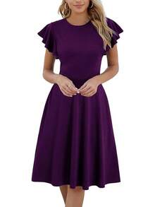 Women's Semi-Formal Ruffle Sleeve V-Back Work Fit And Flare Cocktail Knee Length Dress With Pockets, 2025 Style - Màu tím - Xem 1