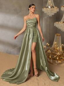 Faeriesty Faeriesty Elegant Strapless Evening Gown With Back Tie Closure & High-Slit Skirt – Elegant Formal Dress For Red Carpet Events, Gala Dinners, Wedding Receptions, Black-Tie Galas, And Grand Celebrations