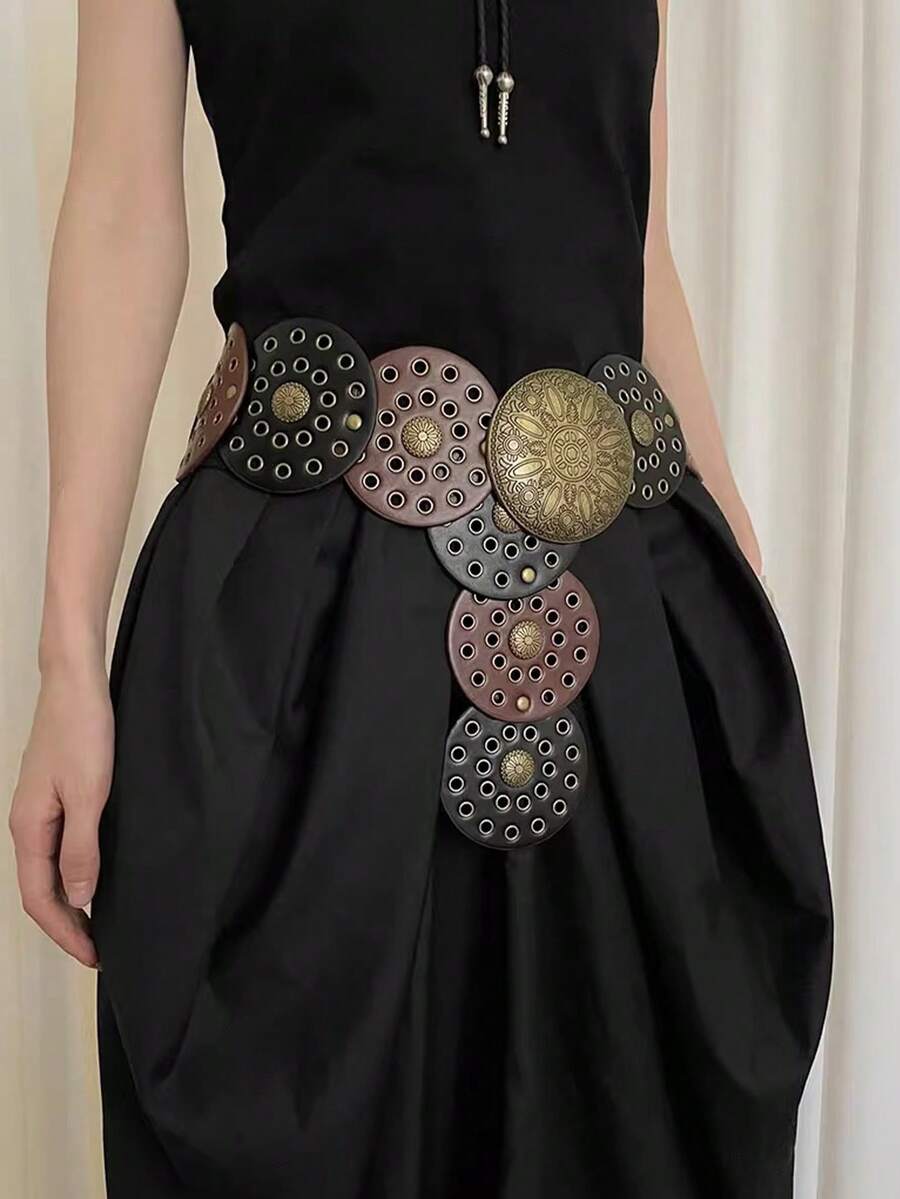 1 条女士多色西式镂空金属索环圆形扣 PU 皮带 秋季、秋季、万圣节 - 彩色 - 查看 1