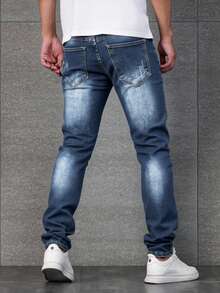 Pantalones vaqueros rectos azules con rotos, diseño desgastado de moda, tejido suave y elástico, casuales y versátiles. - Azul lavado oscuro - Ver 3