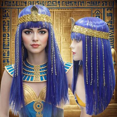 Purple Cleopatra Wig: Long Straight Hair, Bangs & Egyptian Elegance For Cosplay/Events