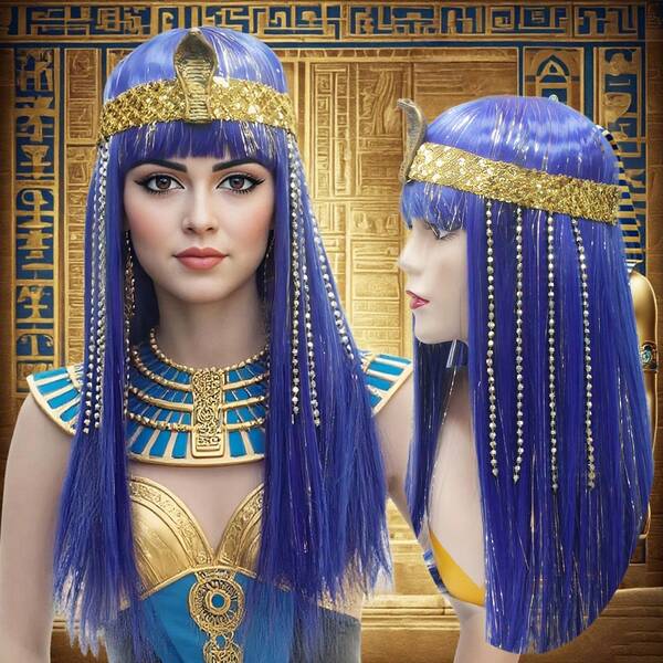 Purple Cleopatra Wig: Long Straight Hair, Bangs & Egyptian Elegance For Cosplay/Events