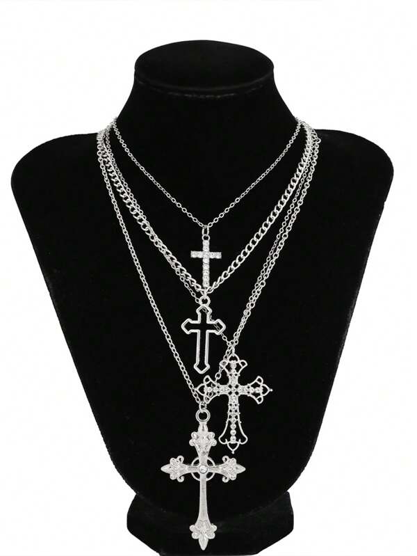 Herren Kreuz-Anhänger-Halskette Set, Punk Rock mehrschichtige Metall-Kreuz-Ketten-Halskette, Y2K Schmuck