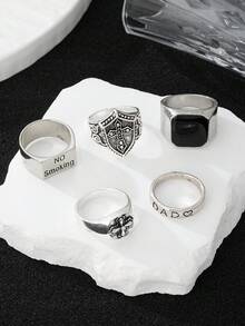 5 件套复古银字母和十字架设计戒指，复古哥特朋克风格，适合送礼、派对、活动和日常佩戴 - 銀色 - 查看 5