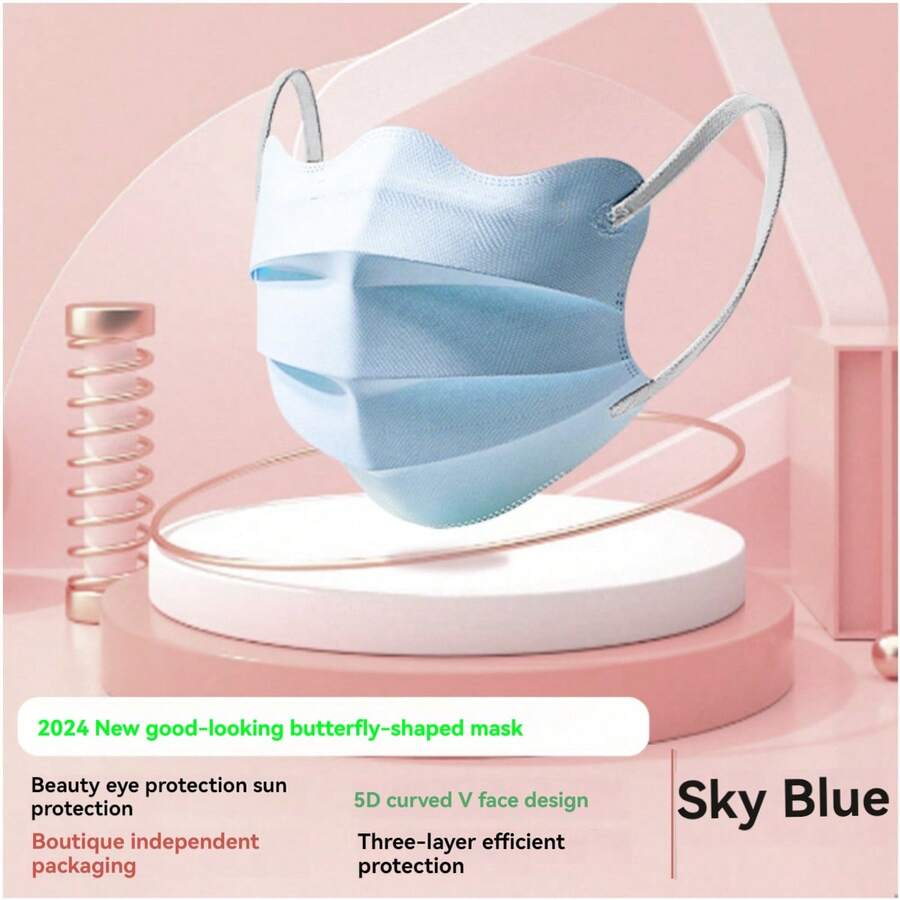 xxy 50 piezas/paquete; Tamaño de la máscara: Ancho 9,5 cm, Longitud superior 17,8 cm, Longitud inferior 19 cm; Máscara protectora con forma de mariposa para embellecer, con opciones de varios colores para satisfacer la búsqueda de la estética y la individualidad de las personas. Mientras protege la salud, también muestra el sentido de la moda personal; Diseño ergonómico para una máscara cómoda y elegante.