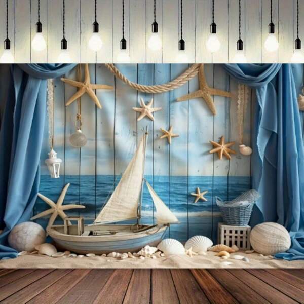 A Marine Anchor Themed Photography Background, Polyester Sailboat Ocean Beach Party Background, Birthday Multi-Purpose Banner, Cake Table Decoration, Photo Booth Props, No Electricity Required