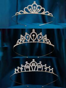 3件套时尚女王皇冠配饰，公主皇冠头饰，新娘皇冠，成人仪式皇冠，时尚T台头饰，派对公主头饰，活动装饰配饰，新娘发箍，锌合金发箍优雅公主发饰，欧美舞会皇冠，生日派对情人节配饰，婚礼发饰 - 金色 - 查看 1