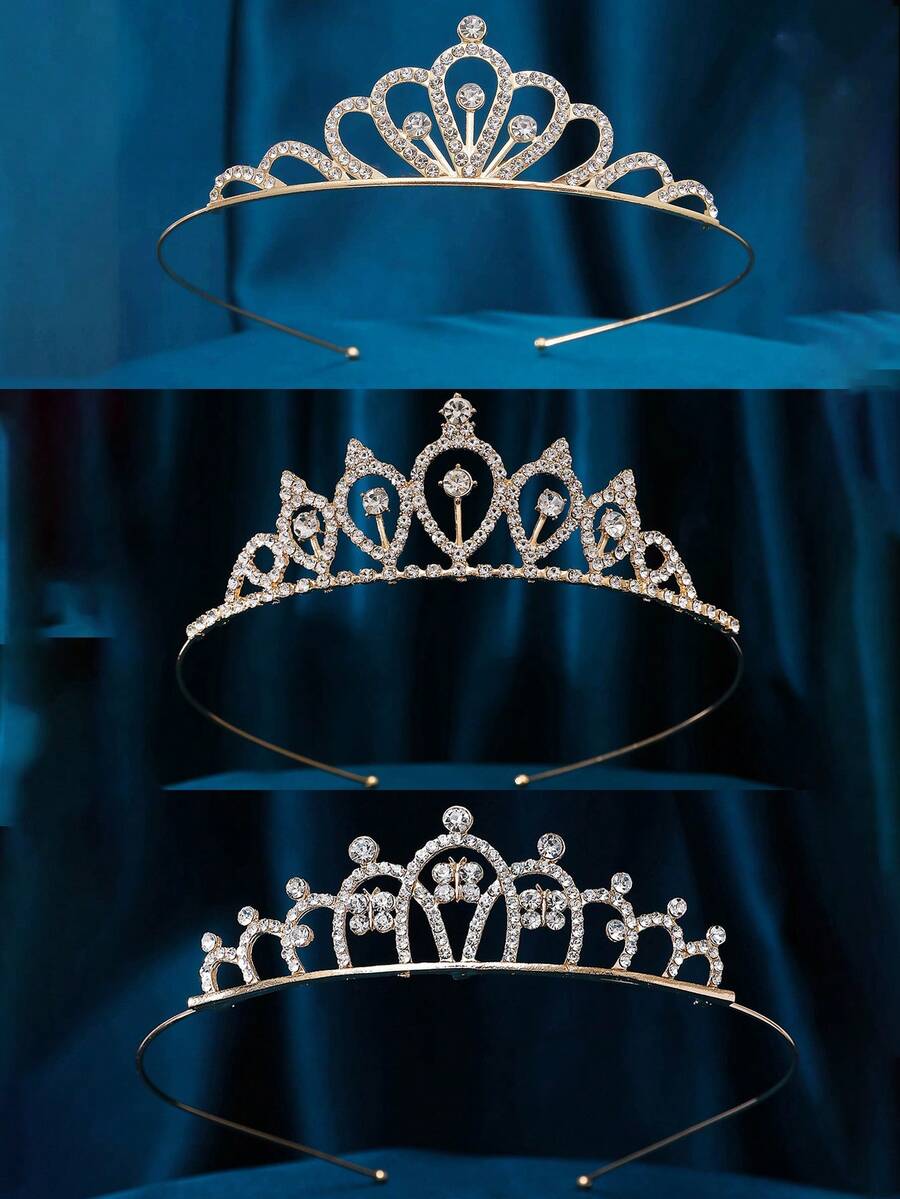 3件套时尚女王皇冠配饰，公主皇冠头饰，新娘皇冠，成人仪式皇冠，时尚T台头饰，派对公主头饰，活动装饰配饰，新娘发箍，锌合金发箍优雅公主发饰，欧美舞会皇冠，生日派对情人节配饰，婚礼发饰 - 金色 - 查看 1