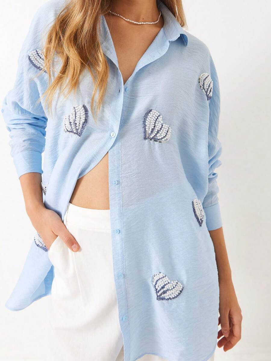 BIANCO LUCCI 女款宽松刺绣花朵上衣秋装可爱上衣女款老款 - 淺藍色 - 查看 1