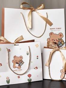 1件/5件可爱卡通熊印花创意手提袋礼品袋带丝带，适合节日、生日、派对、日常礼品包装情人节包装袋 - 彩色 - 查看 9