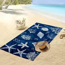1 pieza Manta de playa con estampado de estrella de mar y concha - Tamaño grande, suave de microfibra, secado rápido, anti-arena, ideal para viajes, camping, natación, yoga y vacaciones en la playa, azul con patrón de criaturas marinas blancas, Esterilla de playa, Artículos esenciales de playa - Multicolor - Ver 5