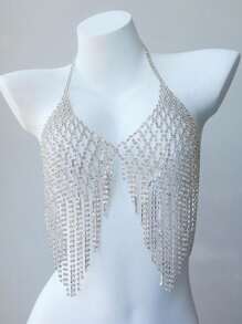 1pc Hollow Mesh Full Rhinestone Crystal Tassel Bikini Body Chain Necklace, Shiny Jewelry Decoration For Women, Party