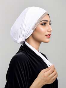 1 件女士时尚纯色水钻穆斯林头巾帽，百搭围巾头巾，适合日常佩戴、派对