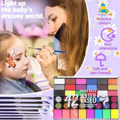 Face Painting Kit - Birthday Party Face Makeup Set For Halloween & Christmas - 42 Vibrant Colors, Water-Activated, Friendly To Sensitive Skin - Brushes For Adults And Children