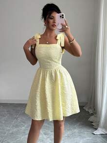 女式 2025 几何图案优雅梭织面料前系蝴蝶结腰部中长连衣裙，适合晚间约会、派对、花园旅行、夏季