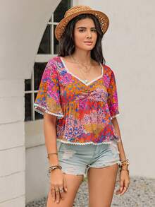 Bohemian Multicolor Subtropical Printing V-Neck Trumpet Sleeves Short Ladies' Shirts Seaside Holiday Coachella Music Festival Tropical Vacation Hawaii - 彩色 - 查看 4