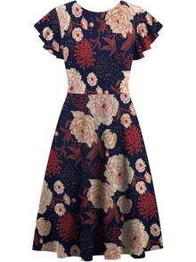 Women's Semi-Formal Ruffle Sleeve V-Back Work Fit And Flare Cocktail Knee Length Dress With Pockets, 2025 Style - 黃藍 - 查看 3