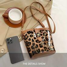 Simple Retro Leopard Print Bucket Bag For Women, New Casual Fashion One Shoulder Crossbody Bag, Textured Leisure Crossbody