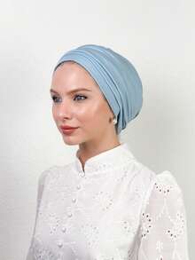 1 件女士经典纯色化疗头巾帽，高弹性褶皱设计，可完全覆盖头部，防滑透气，舒适柔软的莫代尔针织面料，适合日常穿着和头巾 - 淺藍色 - 查看 2