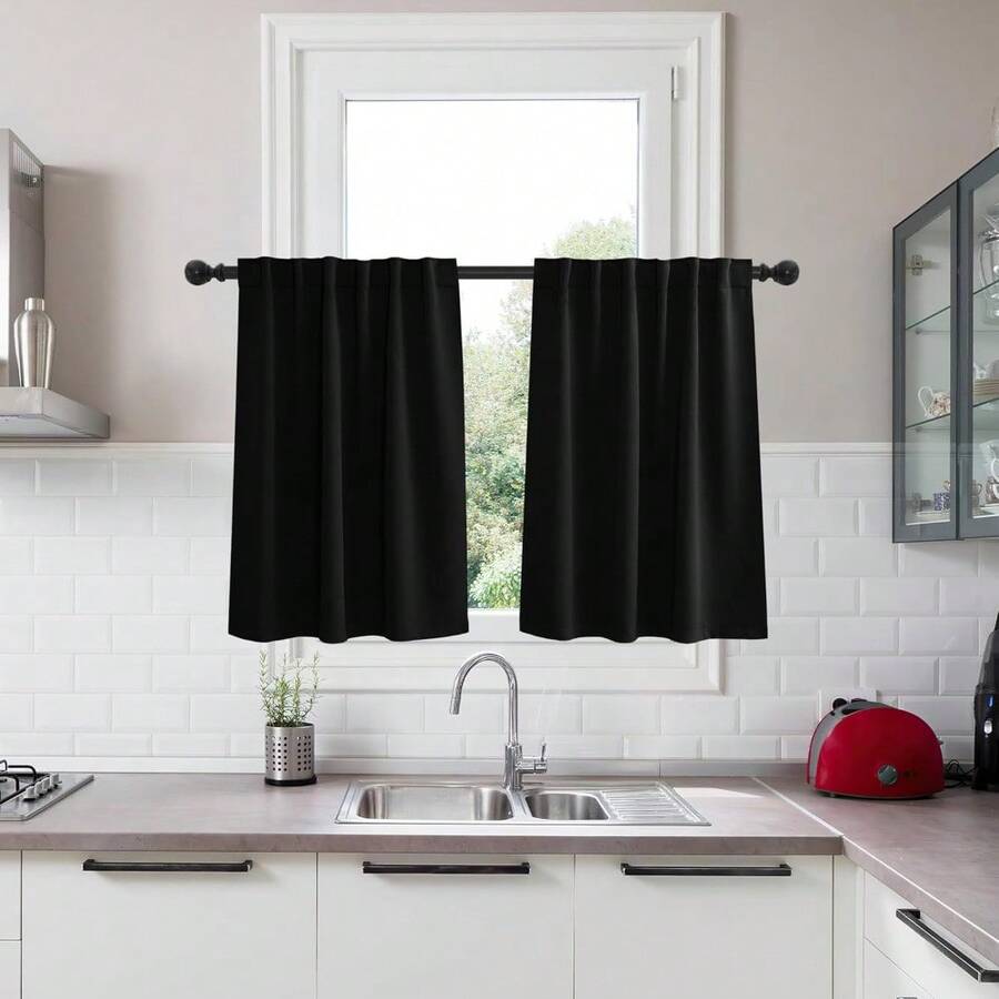 Local Delivery Black Blackout Curtains 63 Inch Length, Room Darkening Thermal Insulated Noise-Reducing Black Out Curtains For Bedroom Living Room Windows, Back Tab Rod Pocket, W52 X L63 Inches, 2 Panels - 黑色 - 查看 1