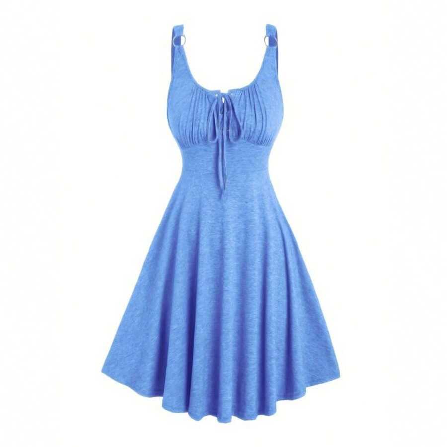 Women's Plain Lace Up Tie Front Tank Dress, Casual Fitted Sleeveless O-Ring A Line Dress For Summer, Dresses For Women, Ladies Clothes For Everyday Daily Wear, Womenswear, Vacation Dresses - Blue - View 1