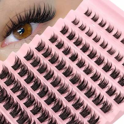 Asiteo 100片D型卷翘蓬松仿貂毛假睫毛，自然纤长簇状假睫毛，柔软蓬松，适合新手DIY眼妆，可重复使用。