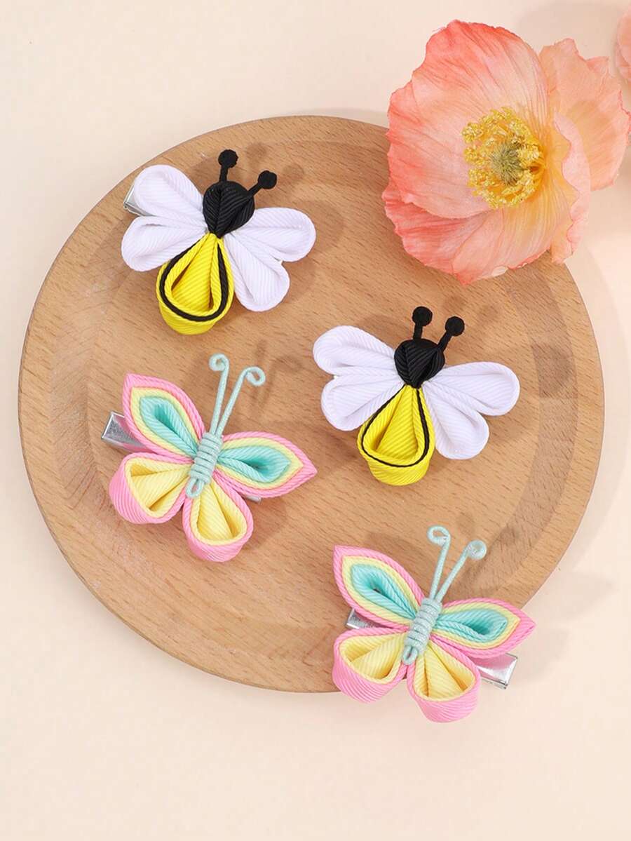 4 件可爱蜜蜂蝴蝶发夹，适合女孩，彩色蝴蝶蜜蜂罗缎丝带蝴蝶结鳄鱼夹，可爱蝴蝶蜜蜂昆虫发夹，独特度假发夹，青少年发饰 - 彩色 - 查看 1
