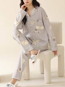 2 件套女士开衫睡衣套装、长袖衬衫和长裤睡衣，适合春秋季的亲肤家居服 - 淺灰紫 - 查看 3